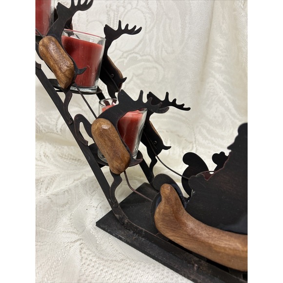 Vintage Christmas Santa Sleigh Reindeer Silhouette Metal Wood 4 Candle Holder - Picture 5 of 12